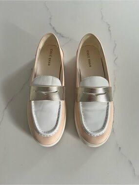 Cole Haan White and Cream Leather Loafers with Metallic Accent